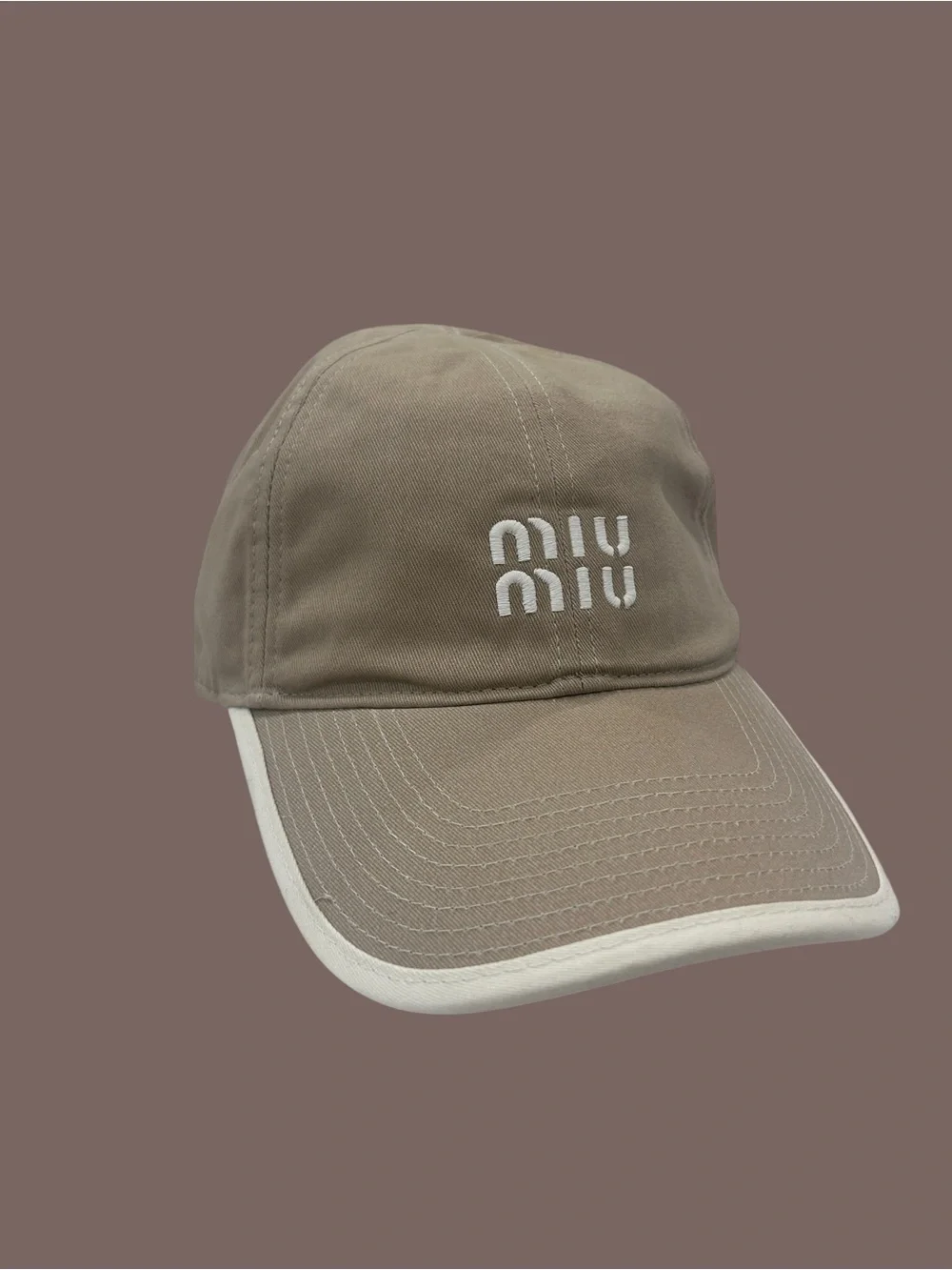 Miu Miu Brown Khaki Baseball Hat with White Trim